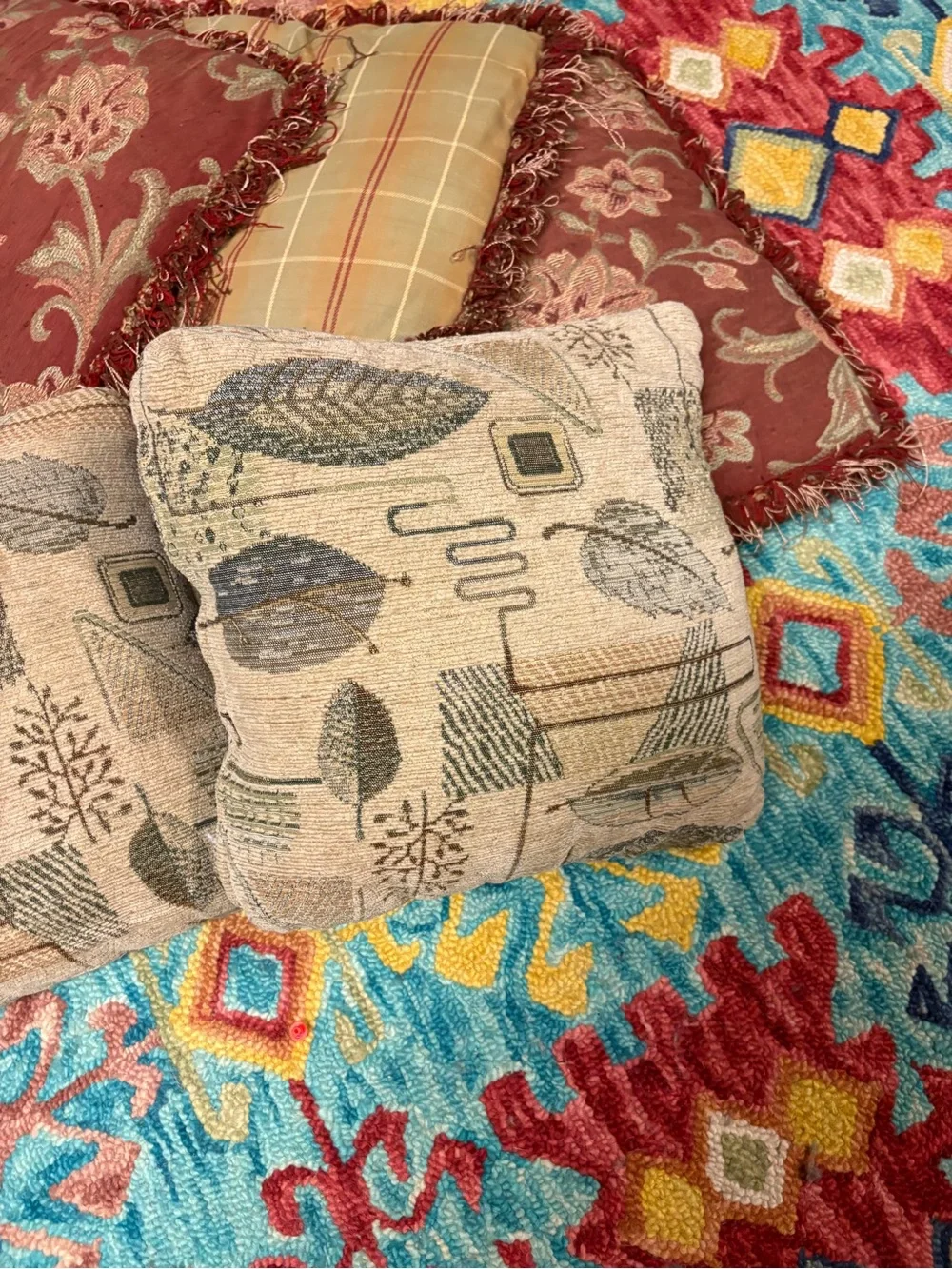 Decorative Throw Pillow Set in Rust, Plaid, Natural Leaf Prints bundle lot